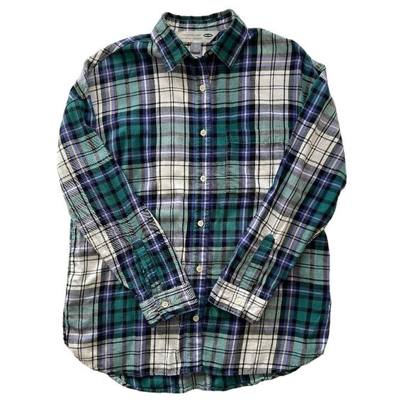 Old Navy The Boyfriend Shirt Blue Green Plaid Size Medium - Picture 2 of 4